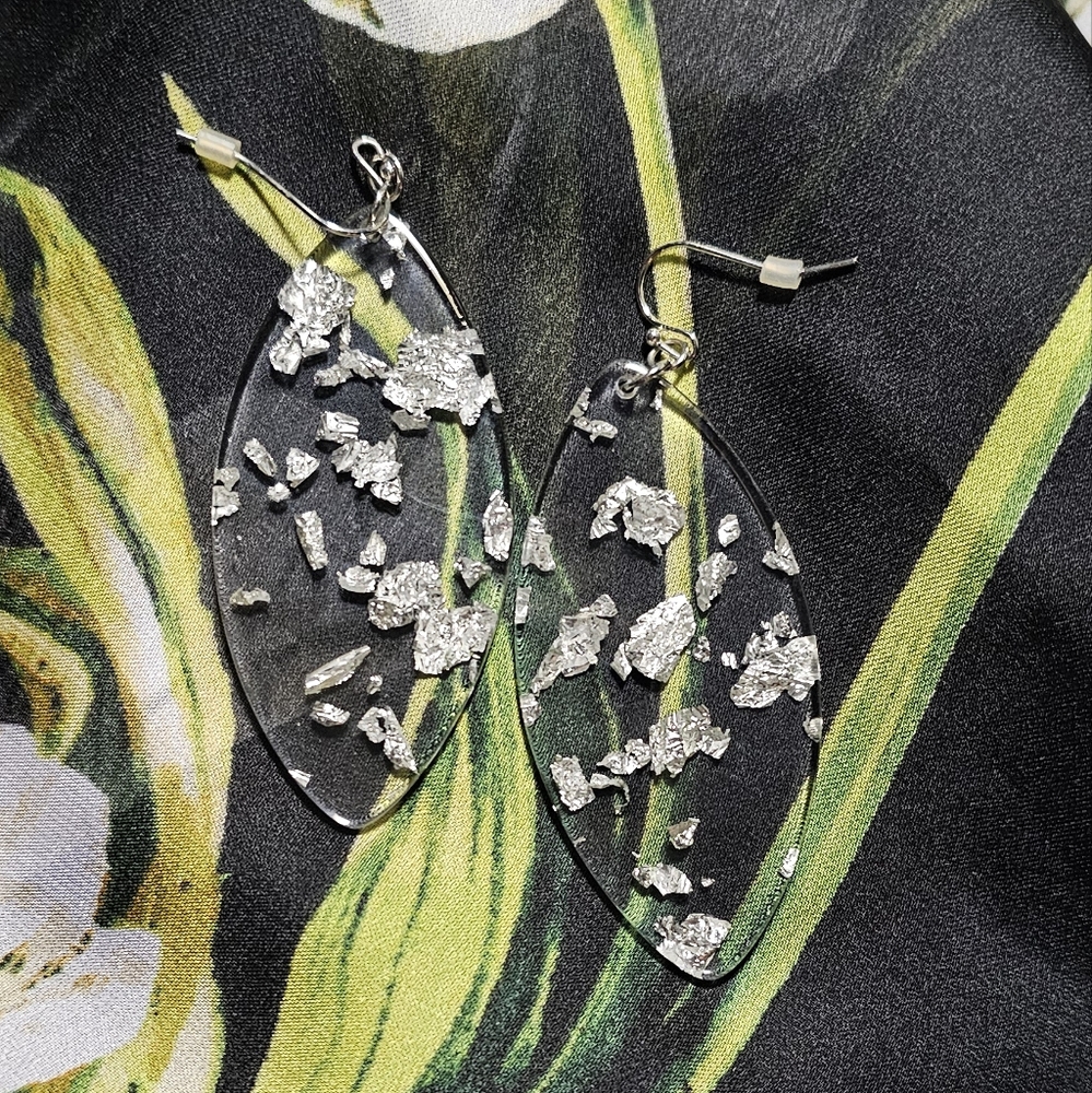 Silver Flake Dangle Earrings Statement Length